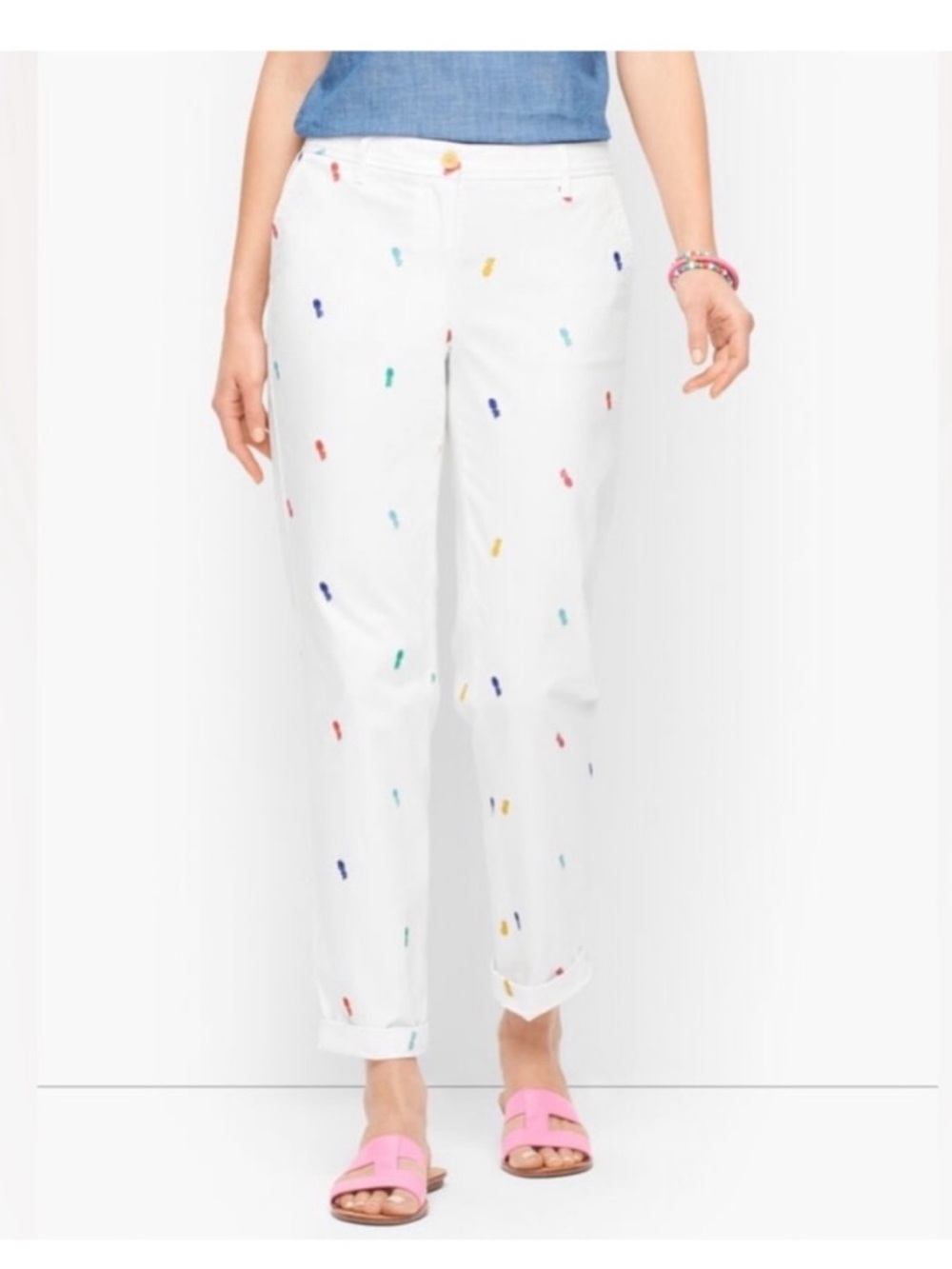 Talbots White Embroidered Multicolor Pineapples Straight Leg Pants Size 14